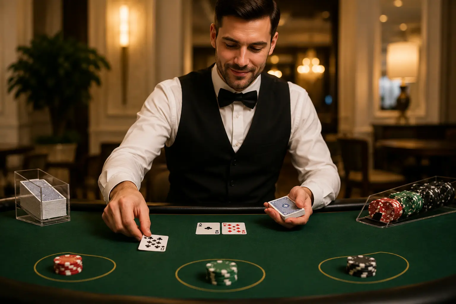 Krupiér u stolu s různými variantami blackjacku
