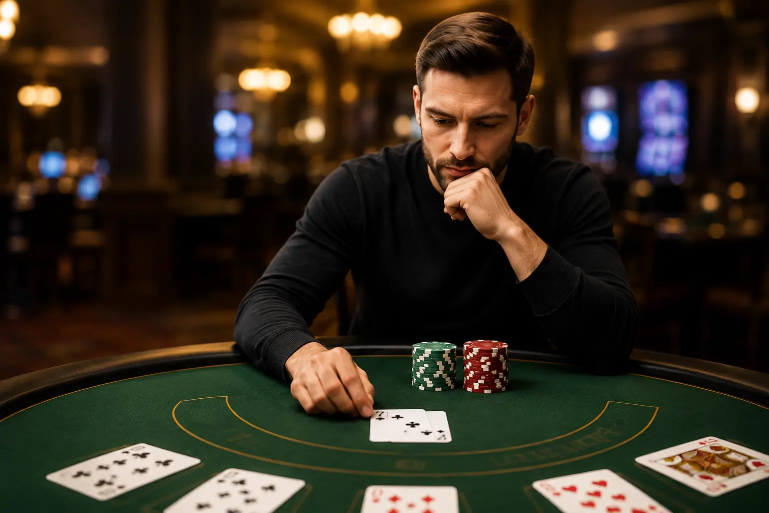 Hráč rozhoduje o dalším tahu u blackjacku
