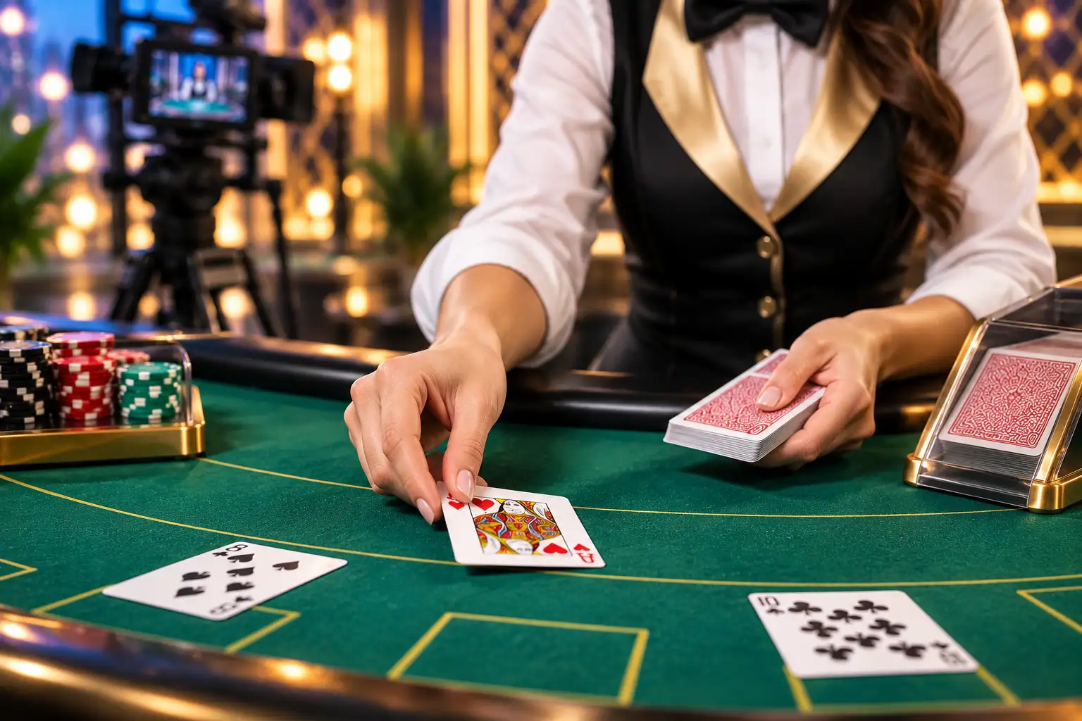 Live dealer při rozdávání karet v přímém přenosu